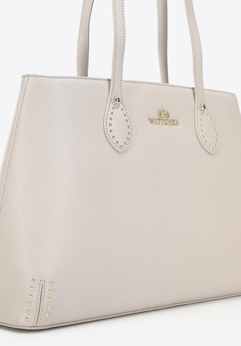 Leather studded shopper bag, cream, 98-4E-608-1, Photo 5