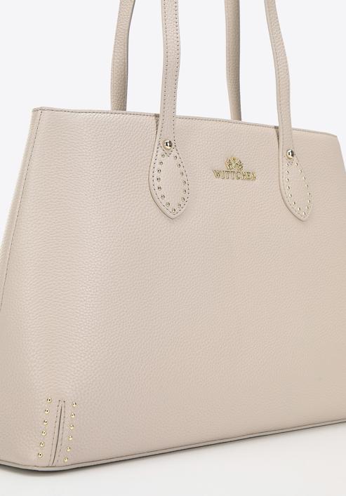 Leather studded shopper bag, light beige, 98-4E-608-9, Photo 5