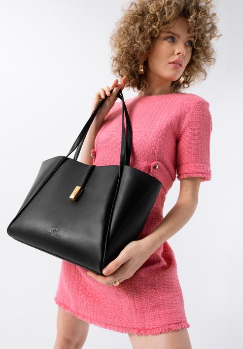 Leather shopper bag with geometric buckle strap, black, 98-4E-204-1, Photo 15