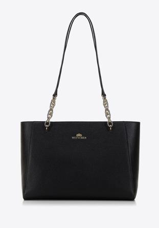 Large leather shopper bag, black-gold, 98-4E-610-1G, Photo 1