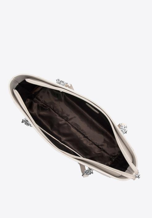 Torebka shopperka skórzana z łańcuszkami duża, kremowo-srebrny, 98-4E-610-9, Zdjęcie 4
