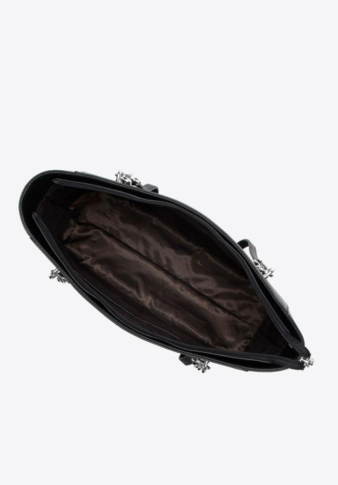 Torebka shopperka skórzana z łańcuszkami duża, czarno-srebrny, 98-4E-610-1S, Zdjęcie 4