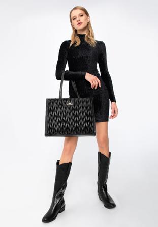 Ruched leather shopper bag, black, 97-4E-601-1, Photo 1