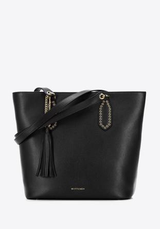 Leather shopper bag with tassel and stud details, black, 95-4E-641-1, Photo 1