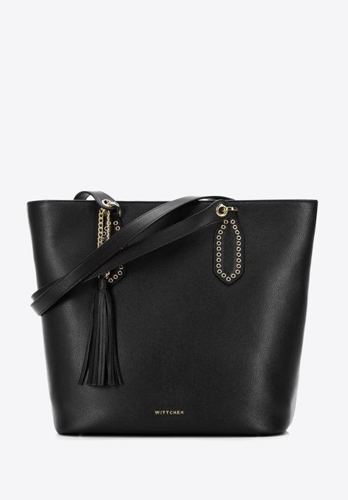 Leather shopper bag with tassel and stud details, black, 95-4E-641-11, Photo 1