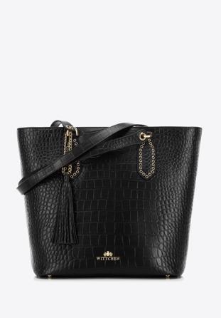 Leather shopper bag with tassel and stud details, black-gold, 95-4E-641-11, Photo 1