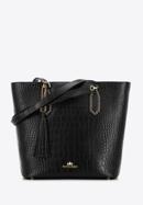 Leather shopper bag with tassel and stud details, black-gold, 95-4E-641-7, Photo 1