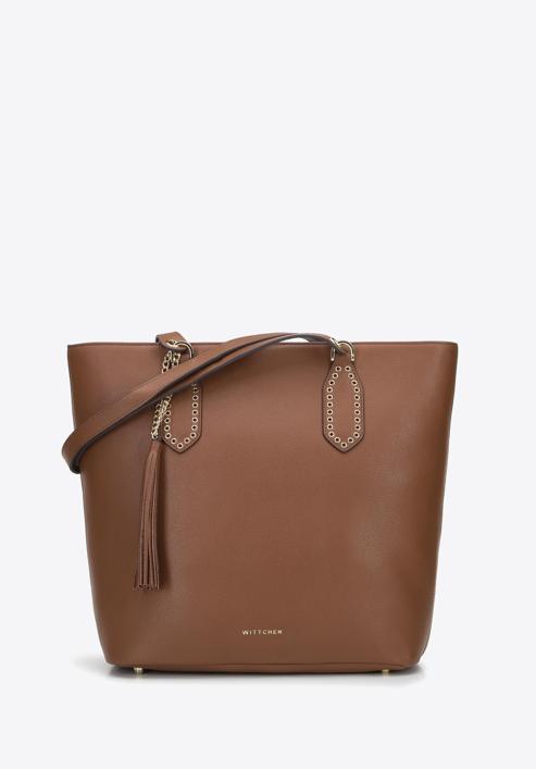 Leather shopper bag with tassel and stud details, brown, 95-4E-641-1, Photo 1