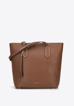 Leather shopper bag with tassel and stud details, brown, 95-4E-641-4, Photo 1