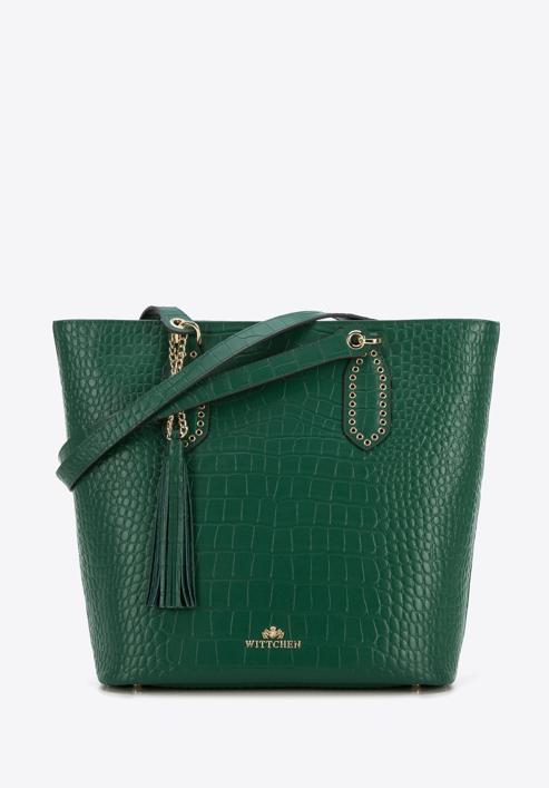 Leather shopper bag with tassel and stud details, green, 95-4E-641-1, Photo 1