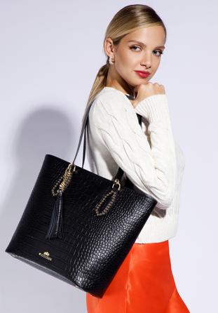 Leather shopper bag with tassel and stud details, black-gold, 95-4E-641-11, Photo 1