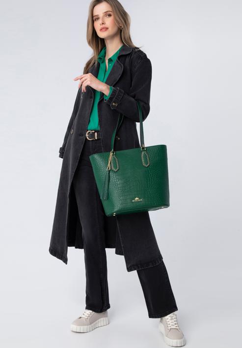 Leather shopper bag with tassel and stud details, green, 95-4E-641-1, Photo 15