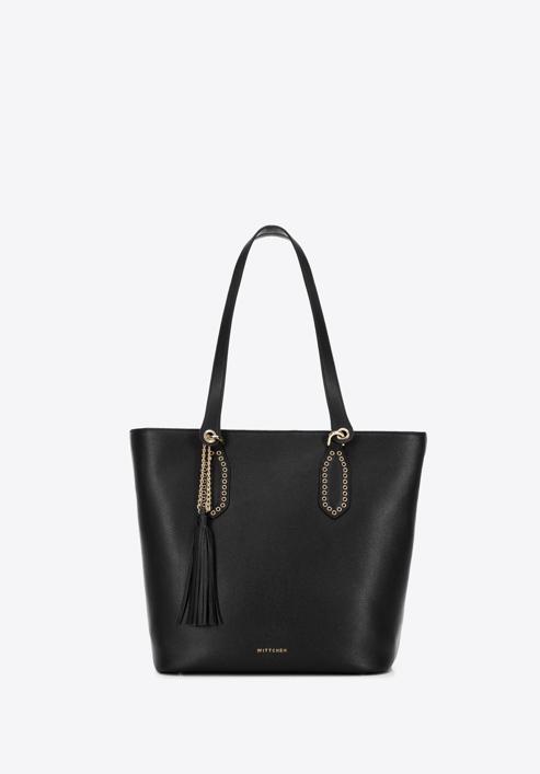 Leather shopper bag with tassel and stud details, black, 95-4E-641-11, Photo 2