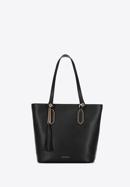 Leather shopper bag with tassel and stud details, black, 95-4E-641-1, Photo 2