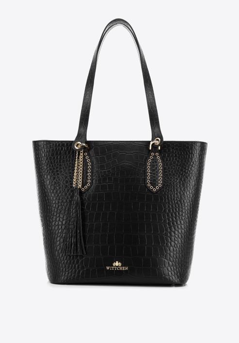 Leather shopper bag with tassel and stud details, black-gold, 95-4E-641-7, Photo 2