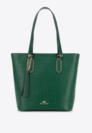 Leather shopper bag with tassel and stud details, green, 95-4E-641-Z, Photo 1