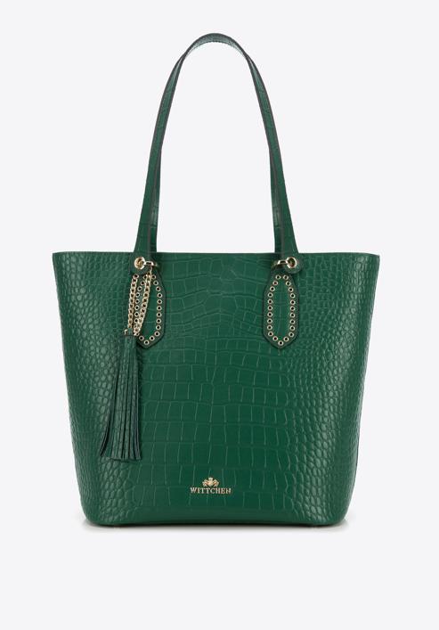 Leather shopper bag with tassel and stud details, green, 95-4E-641-1, Photo 2