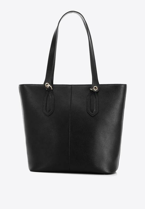 Leather shopper bag with tassel and stud details, black, 95-4E-641-11, Photo 3