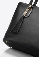 Leather shopper bag with tassel and stud details, black, 95-4E-641-11, Photo 5