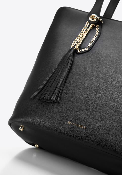 Leather shopper bag with tassel and stud details, black, 95-4E-641-1, Photo 5