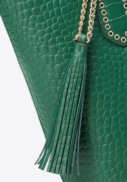 Leather shopper bag with tassel and stud details, green, 95-4E-641-1, Photo 5
