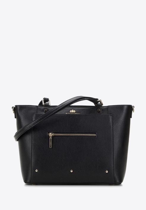 Leather studded shopper bag, black, 98-4E-626-9, Photo 1