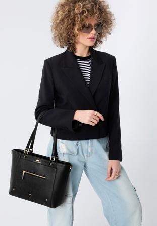 Leather studded shopper bag, black, 98-4E-626-1, Photo 1
