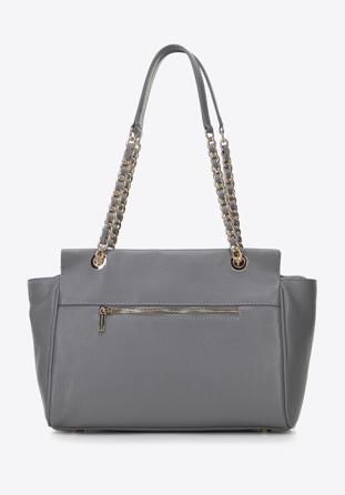 Leather shopper bag with chain detail, grey, 96-4E-012-8, Photo 1
