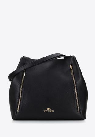Leather shopper bag with zip details, black, 96-4E-625-1, Photo 1