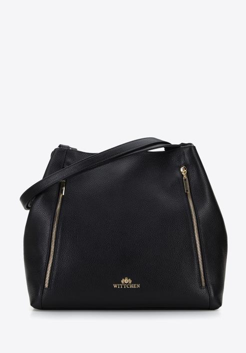 Leather shopper bag with zip details, black, 96-4E-625-9, Photo 1