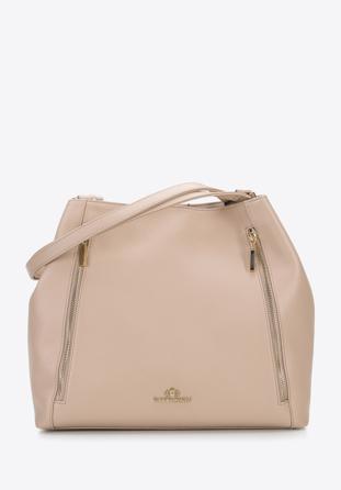 Leather shopper bag with zip details, beige, 96-4E-625-9, Photo 1