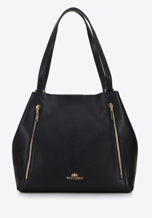 Leather shopper bag with zip details, black, 96-4E-625-1, Photo 2