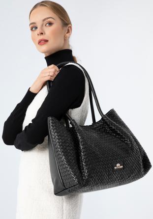 Leather woven shopper bag, black, 97-4E-025-1, Photo 1