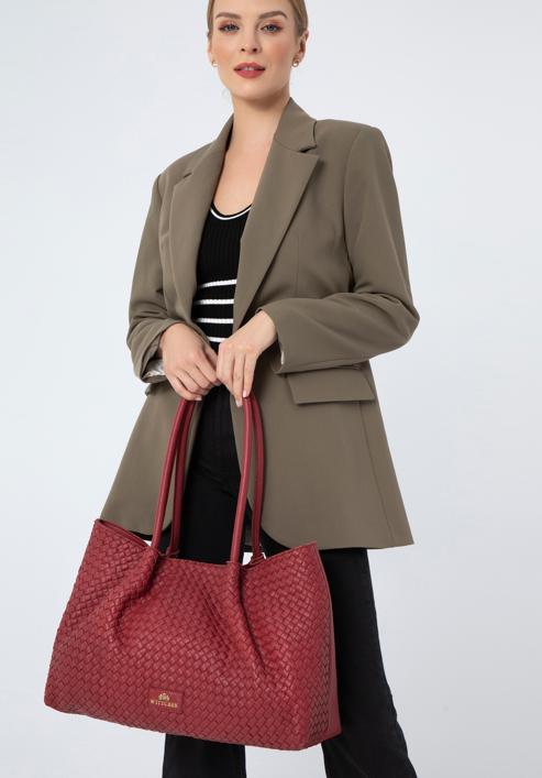 Leather woven shopper bag, cherry, 97-4E-025-3, Photo 15