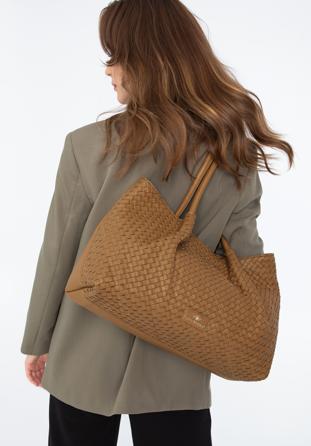 Leather woven shopper bag, light brown, 97-4E-025-5, Photo 1