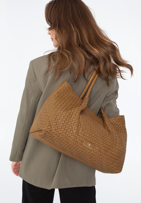 Leather woven shopper bag, light brown, 97-4E-025-3, Photo 15