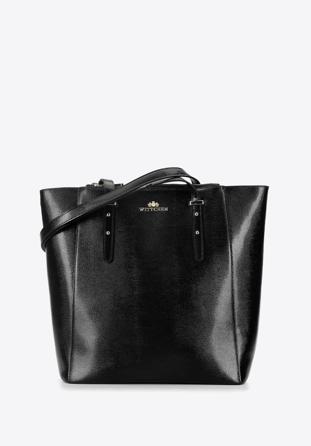 Leather shopper bag with pocket details, black, 92-4E-643-01, Photo 1