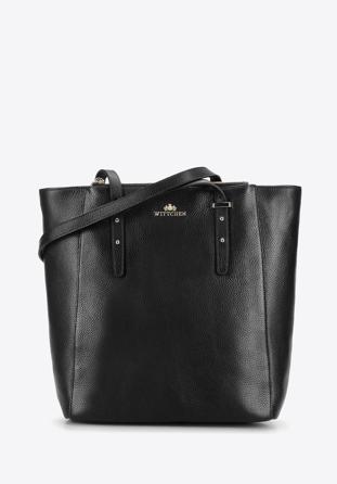 Leather shopper bag with pocket details, black, 92-4E-643-1, Photo 1