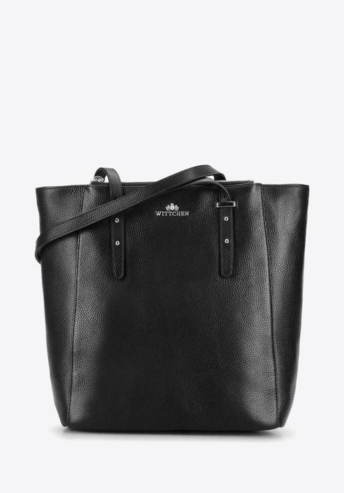 Leather shopper bag with pocket details, black, 92-4E-643-01, Photo 1