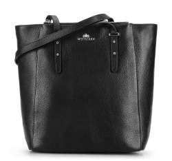 Leather shopper bag with pocket details, black, 92-4E-643-1S, Photo 1