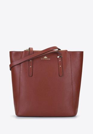 Leather shopper bag with pocket details, cognac, 92-4E-643-5, Photo 1