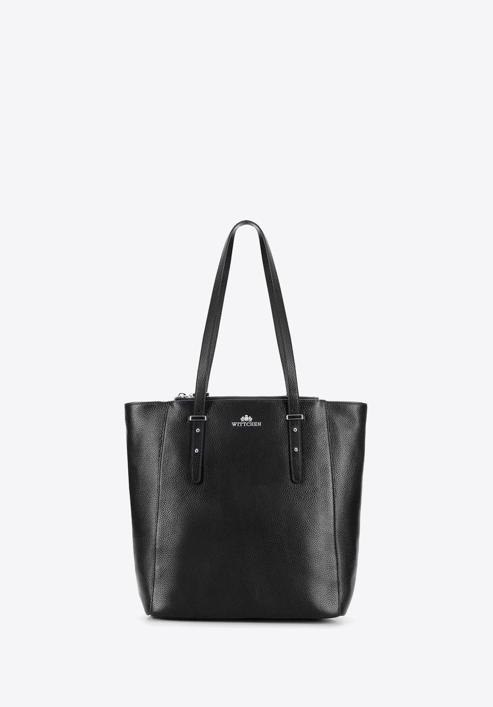 Leather shopper bag with pocket details, black, 92-4E-643-01, Photo 2
