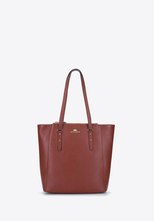 Leather shopper bag with pocket details, cognac, 92-4E-643-1, Photo 2