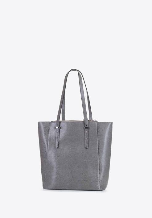 Leather shopper bag with pocket details, grey, 92-4E-643-1, Photo 3
