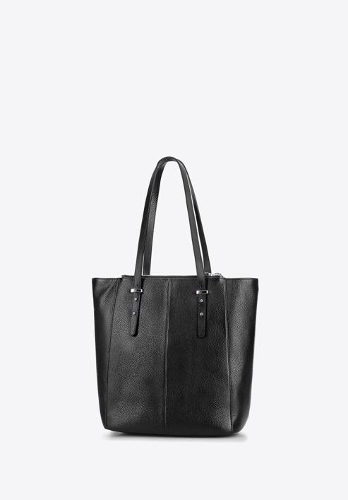 Leather shopper bag with pocket details, black, 92-4E-643-01, Photo 3