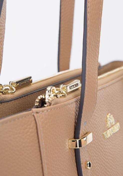 Leather shopper bag with pocket details, beige, 92-4E-643-5, Photo 5