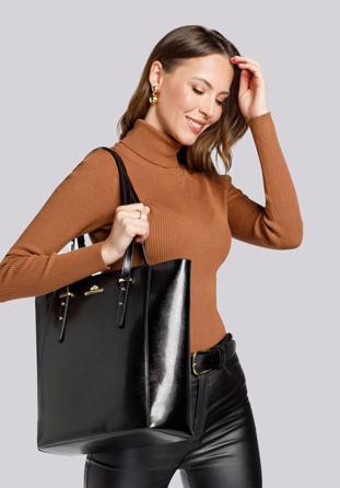 Leather shopper bag with pocket details, black, 92-4E-643-01, Photo 1