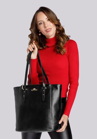 Leather shopper bag with pocket details, black, 92-4E-643-1, Photo 1