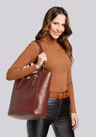 Leather shopper bag with pocket details, cognac, 92-4E-643-5, Photo 1