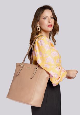 Leather shopper bag with pocket details, beige, 92-4E-643-9, Photo 1